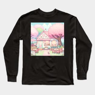 cute cat cafe with pink cherry blossom trees Long Sleeve T-Shirt